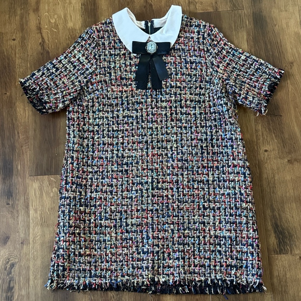 Multicolor Tweed Dress with Embroidered Bow and Collar